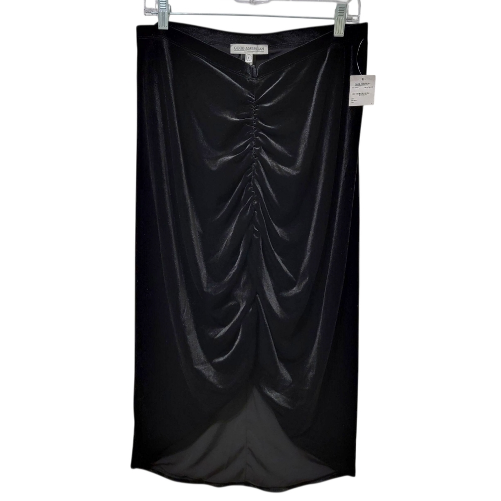 Good American | Ruched Front Black Velvet Stretch Skirt Size 5 (2XL) Witchy